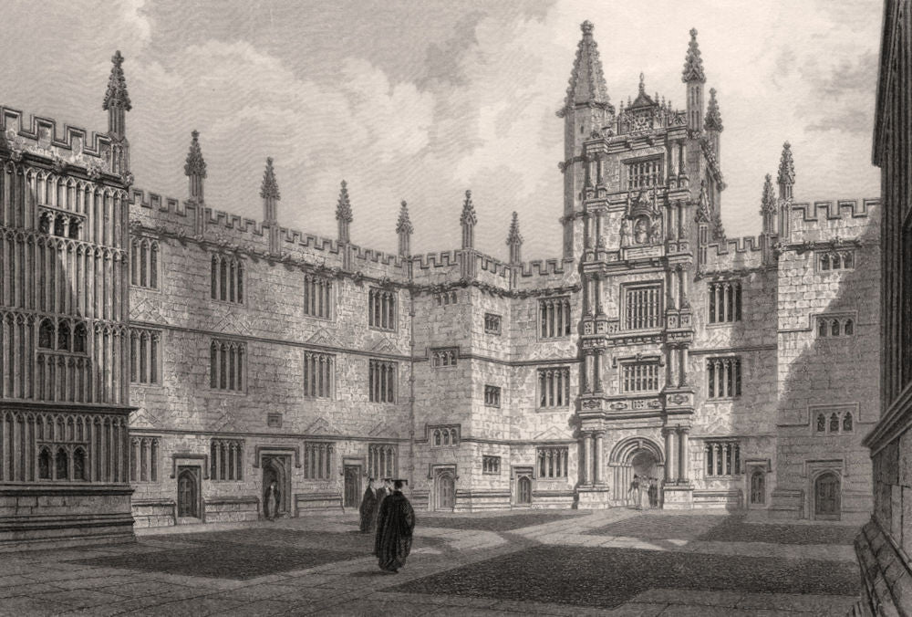Quadrangle of the Schools, Oxford, by John Le Keux 1837 old antique print
